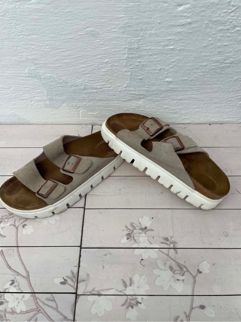 Papillio Taupe Suede Double-Buckle Slide Sandals with White Lug Sole